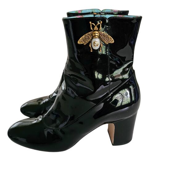 Gucci Lois Bee Block Heel Ankle Short Boot Size 38 US 8 Patent Black Leather - Picture 4 of 16